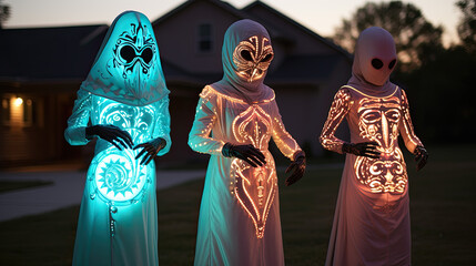 People dressed as ghosts for Halloween. The costumes are shining.
