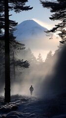 people walking in the mistty morning pine forest with ray of light sun light AI Generated illustration image 9:16 - 663089619