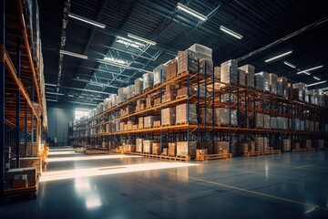 A large warehouse where goods are stored with lots of high shelves - obrazy, fototapety, plakaty