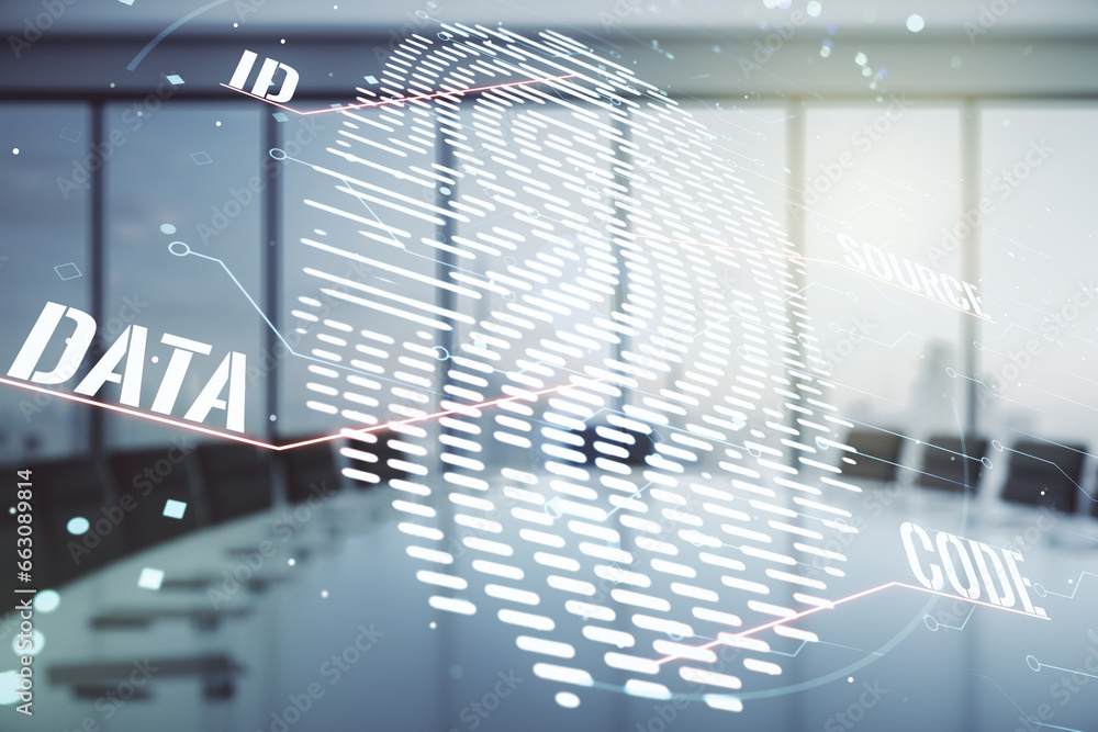 Poster multi exposure of virtual fingerprint scan interface on a modern furnished office interior backgroun