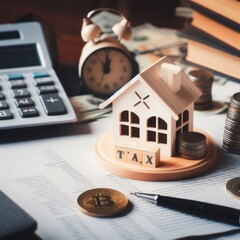 Property tax or house tax with wooden model on table top background. Business loan and real estate investment concept. - obrazy, fototapety, plakaty