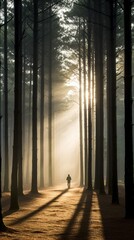 people walking in the mistty morning pine forest with ray of light sun light AI Generated illustration image 9:16