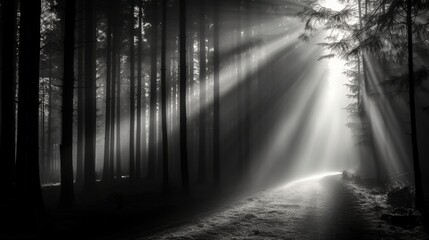 people walking in the mistty morning pine forest with ray of light sun light AI Generated illustration image 16:9 - 663090076