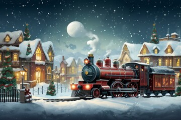 Illustration of a festive train passing through a village during Christmas. Generative AI