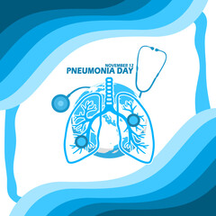 Infected lungs with a stethoscope, earth and bold text in wavy blue frame to commemorate World Pneumonia Day on November 12