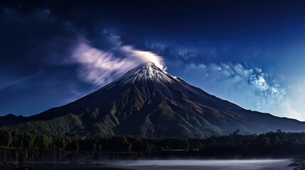 Volcano Summit with milky way galaxy night sky AI generated illustration image 16:9 - 663090266