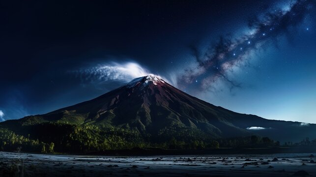 Volcano Summit with milky way galaxy night sky AI generated illustration image 16:9