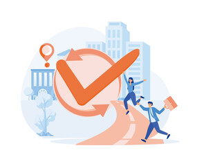 happy business people celebrate completed checkmark after finish responsible project. flat vector modern illustration