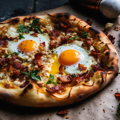 Close-up of pizza with egg and bacon. 