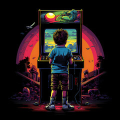 kid playing with an old arcade