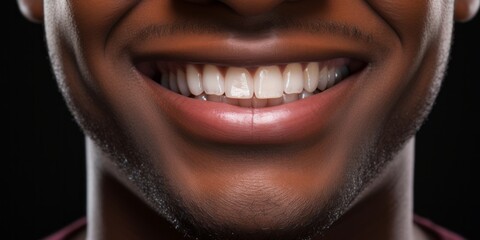 Close up of healthy and white man teeth. Big  happy smile. Black man