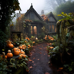 house in the woods with pumpkins 