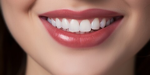 Healthy and white woman tooth and red lips. Close up