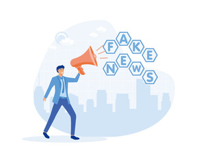 businessman holding megaphone talking or telling fake news. fake news concept. flat vector modern illustration