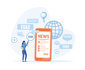 Fake news concept. Flat amazed woman with magnifying glass research on fake news spreads in social media flat vector modern illustration