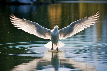 A seagull in flight over water, wings extended and head held above the surface. Generative AI
