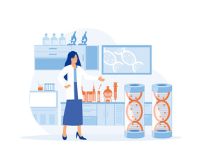 Female scientist. Holding Laboratory.Vaccine discovery concept. Scientists with flasks, working on antiviral treatment development, flat vector modern illustration