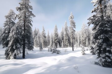 A snowy landscape with tall pine trees. Generative AI