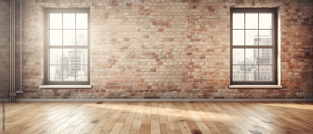 Poster 3d rendering of an empty room with a big window in loft style. wooden floor and brick wall in a mode