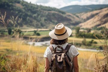 Hipster traveler with backpack sitting on top of a mountain and looking at the valley.