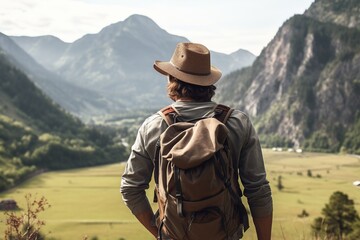 Hipster traveler with backpack sitting on top of a mountain and looking at the valley.