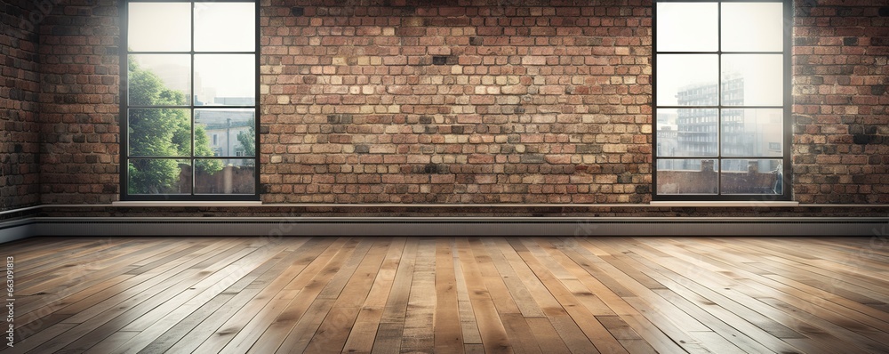 Poster 3d rendering of an empty room with a big window in loft style. wooden floor and brick wall in a mode