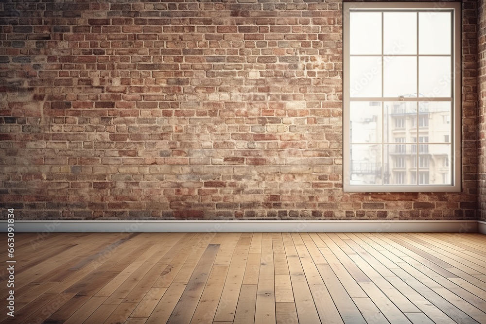 Poster 3d rendering of an empty room with a big window in loft style. wooden floor and brick wall in a mode