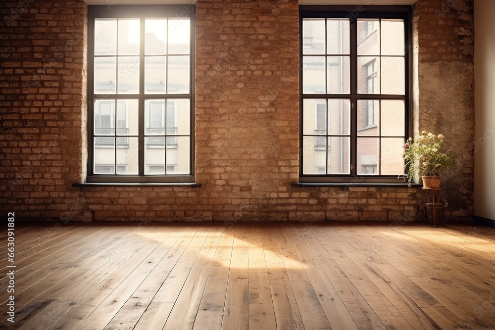Poster 3d rendering of an empty room with a big window in loft style. wooden floor and brick wall in a mode
