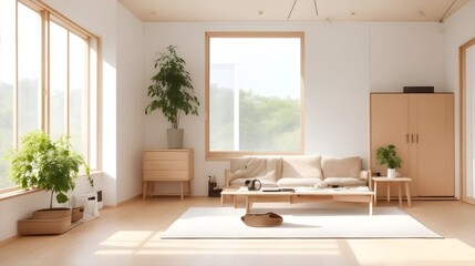 Interior design,MUJI style interior design,Wooden room,Minimalist wooden interior,Japanese,Scandinavian wood,Natural light,MUJI-inspired,Simplicity,Neutral color palette,AI Generate