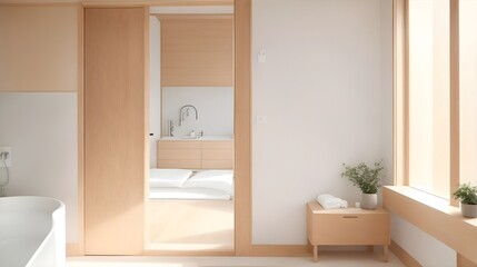 Interior design,MUJI style interior design,Wooden room,Minimalist wooden interior,Japanese,Scandinavian wood,Natural light,MUJI-inspired,Simplicity,Neutral color palette,AI Generate