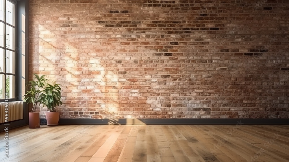 Poster 3d rendering of an empty room with a big window in loft style. wooden floor and brick wall in a mode
