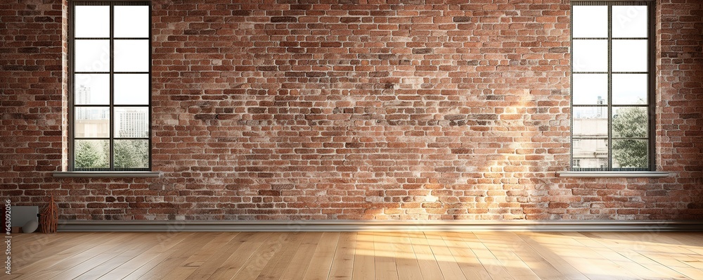 Poster 3d rendering of an empty room with a big window in loft style. wooden floor and brick wall in a mode