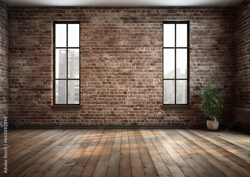 Poster 3d rendering of an empty room with a big window in loft style. wooden floor and brick wall in a mode
