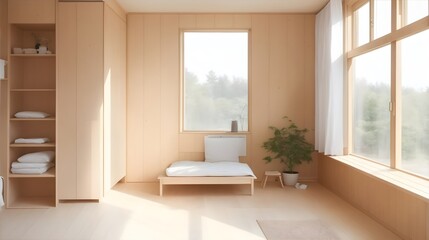 Interior design,MUJI style interior design,Wooden room,Minimalist wooden interior,Japanese,Scandinavian wood,Natural light,MUJI-inspired,Simplicity,Neutral color palette,AI Generate