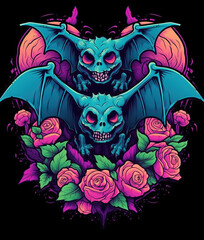 Halloween T-Shirt Art Illustration of evil bats