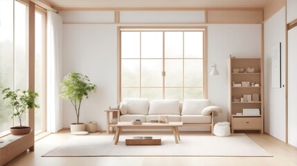Interior design,MUJI style interior design,Wooden room,Minimalist wooden interior,Japanese,Scandinavian wood,Natural light,MUJI-inspired,Simplicity,Neutral color palette,AI Generate