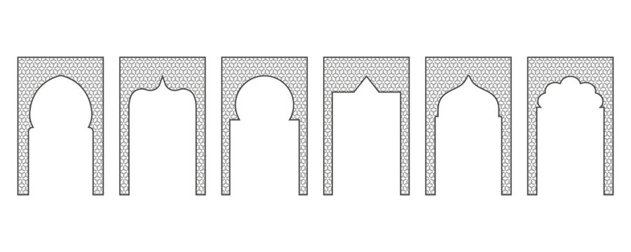 Islamic frame with arch and ornament. Ramadan gate on geometric background for wedding invitation design. Vector oriental decorations set.