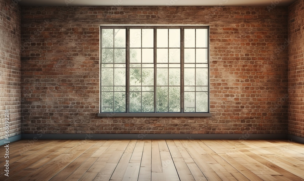 Poster 3d rendering of an empty room with a big window in loft style. wooden floor and brick wall in a mode