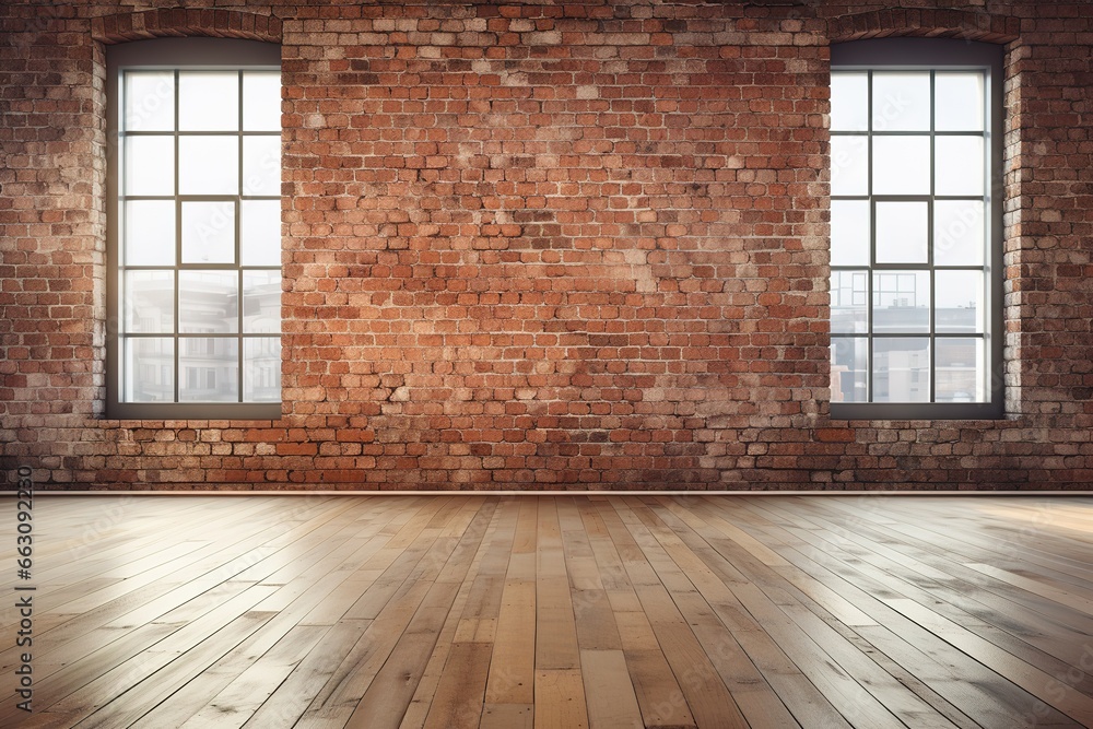 Poster 3d rendering of an empty room with a big window in loft style. wooden floor and brick wall in a mode