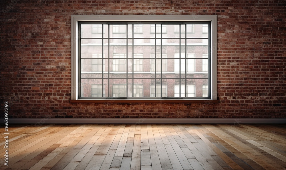 Poster 3d rendering of an empty room with a big window in loft style. wooden floor and brick wall in a mode