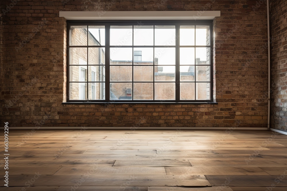 Poster 3d rendering of an empty room with a big window in loft style. wooden floor and brick wall in a mode