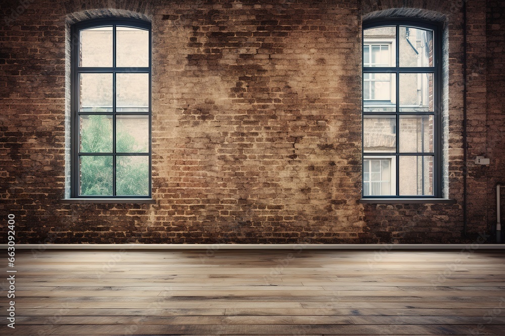 Poster 3d rendering of an empty room with a big window in loft style. wooden floor and brick wall in a mode