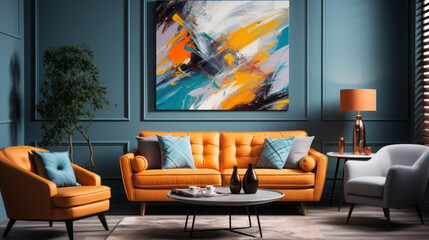 Modern bright living room interiors with art wallpaper.
