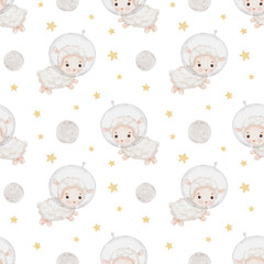 Seamless watercolor pattern with cute lamb astronaut. Hand drawn sheep in space. Funny Farm animal for textiles or fabric for newborns.