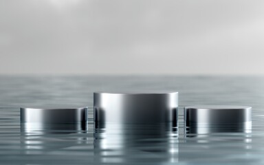 three silver metallic podium water ripples backdrop product platform grey wavy background shop product cosmetic display stands skincare medicine advertisement mockup High-quality 3d render