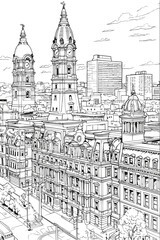 Obraz premium USA United States Philadelphia cityscape black and white coloring page book for adults. US America Pennsylvania skyline, buildings, street, landmarks vector outline sketch for anti stress