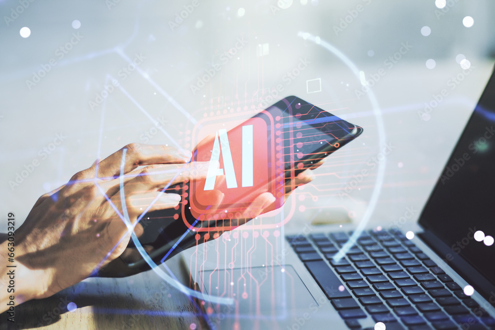 Poster double exposure of creative artificial intelligence abbreviation and hand working with a digital tab