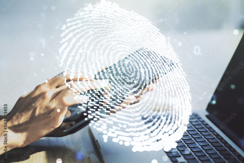 Poster abstract creative fingerprint illustration with finger clicks on a digital tablet on background, per