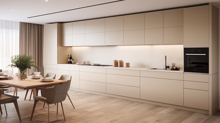 Modern minimalist apartment kitchen with white beige a stone cream color palette