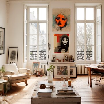 Vintage photographs of a messy Paris apartment with modern, bright white interiors and framed art on the walls